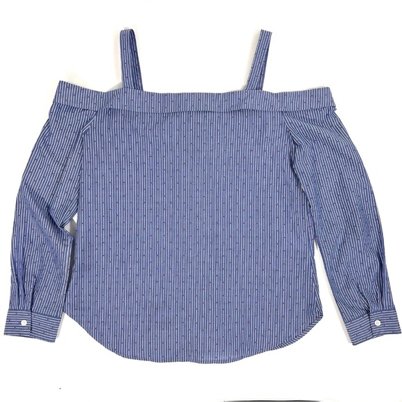 🆕 BCBGENERATION Blue & White Striped Red Dot Cold-Shoulder Shirt XS - Picture 3 of 11